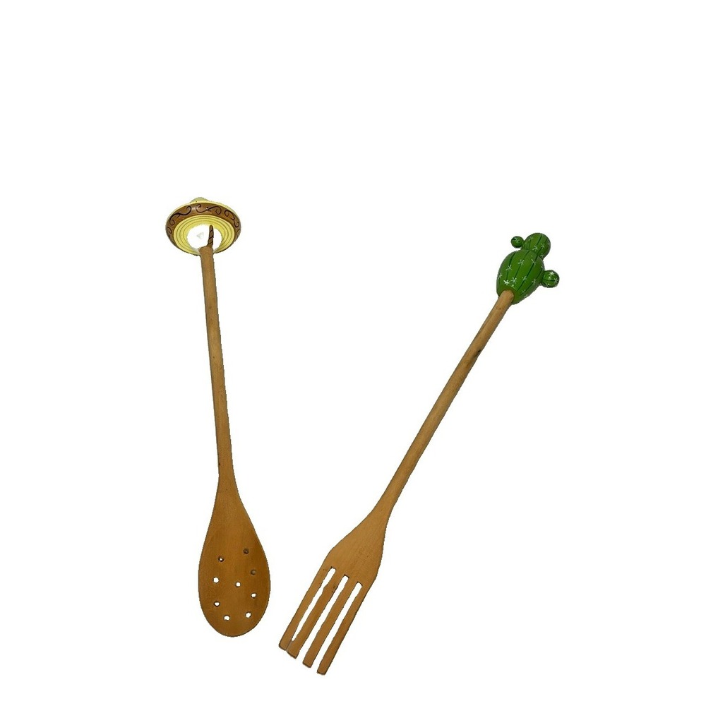 Wooden 14" Spoon & Fork Set Fun Cactus Kitchen & Sombrero Set.